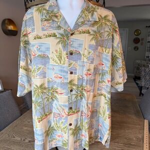 Bermuda Bay Mens Hawaiian Silk Shirt Blue Flamingo Palm Tree Tropical Camp XL